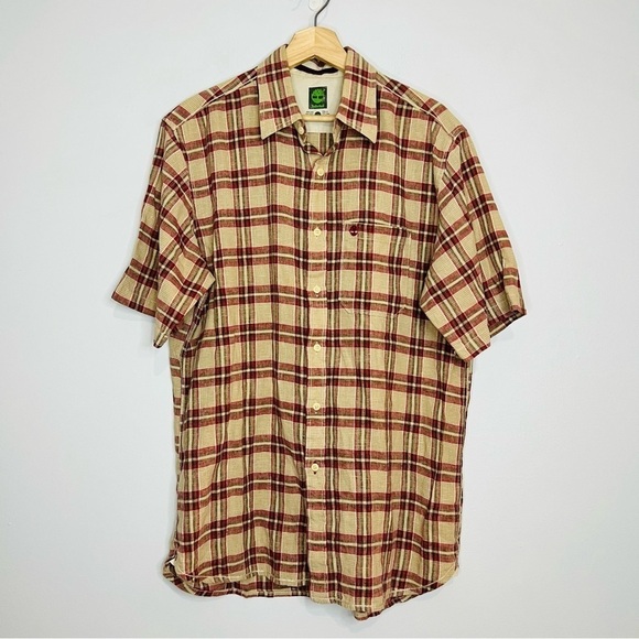 Timberland Linen Blend Plaid Lightweight Button Up Medium - Picture 1 of 6